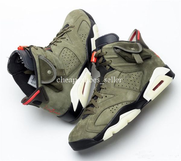 

2019 new travis scott x air 6 cactus jack medium olive glow in the dark army green suede sports basketball shoes cn1084-200 us7-12, White;red