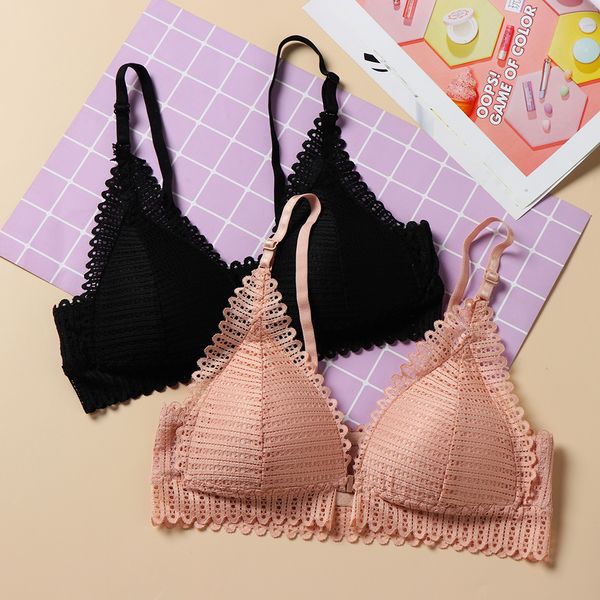 

2019 women lace lingerie wireless front closure bra adjusted push up triangle cup bra comfort breathable backless bralette, Red;black