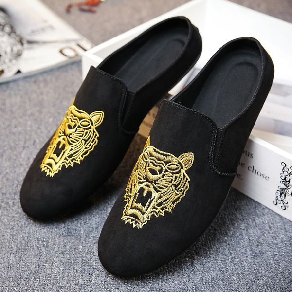 

summer mens lazy half slippers casual shoes embroidery man loafers slip-on breathable fashion leisure walking loafers shoes, Black