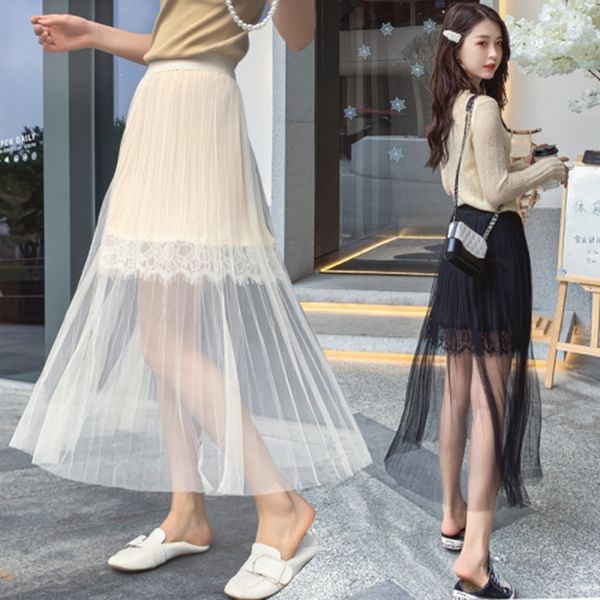 

2019 summer women skirt tulle korean pleated mesh lace skirt women elegant casual high waist long maxi female fairy falda, Black