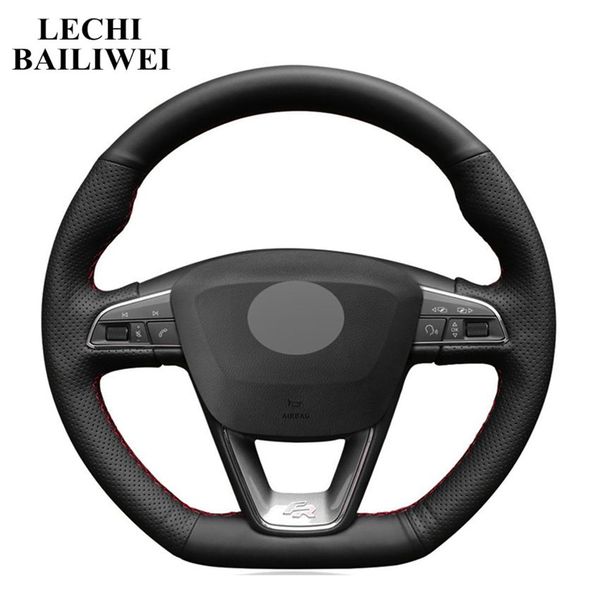 

black artificial leather hand-stitched car steering wheel cover for leon 5f 3 2013-2019 ibiza 6j 2016-2019 arona 2018-2019