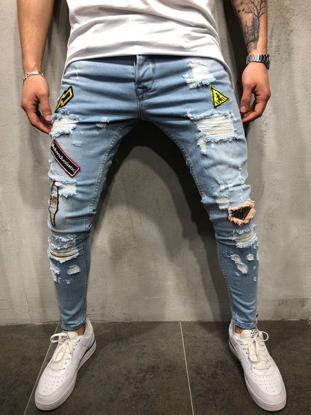 

2019 new men ripped holes jeans zip skinny pleated patchwork slim fit hip hop biker jeans men pants plus size, Blue