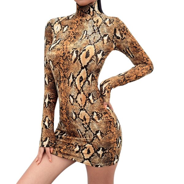 

2019 elegant vintage bandage fashion women long sleeve high waist turtleneck snake striped print sheath mini dress, Black;gray