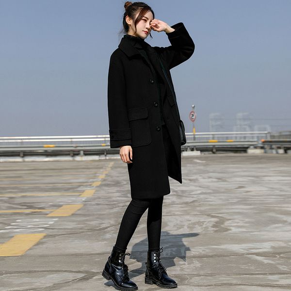 

women winter korean style black long wool blend trench coat 2020 ladies fashion windbreaker clothes 2xl