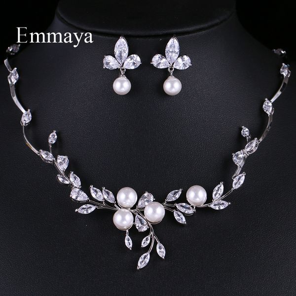 

emmaya style growing leaves with pearl cubic zircon elegant jewellry sets earring necklace for women attending party, Silver