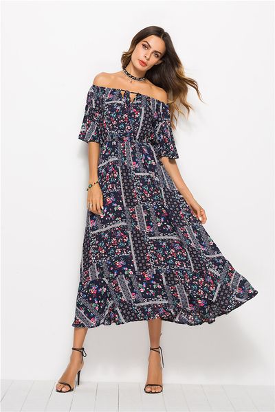 

womens summer vacation dresses slash neck floral printed casual holiday style maxi bohemian style womens sundress, Black;gray