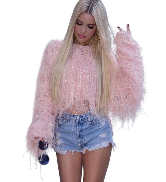 

women's sweater long sleeve o-neck solid manual tassel short sweater knitting blouse lady solid warm clothes, White;black