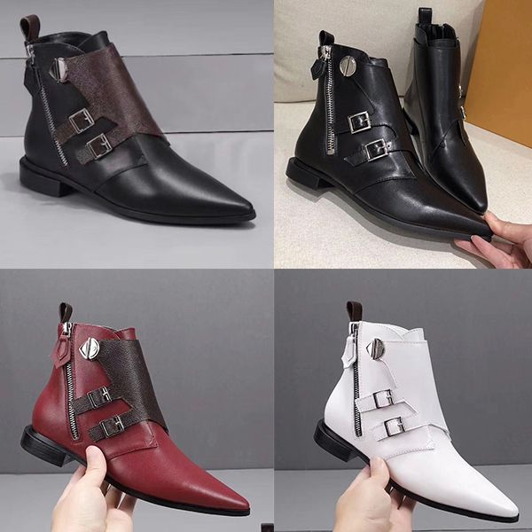 

designer jumble flat ankle boot women martin booties genuine leather pointed toe shoes side zipper winter boots  colors, Black