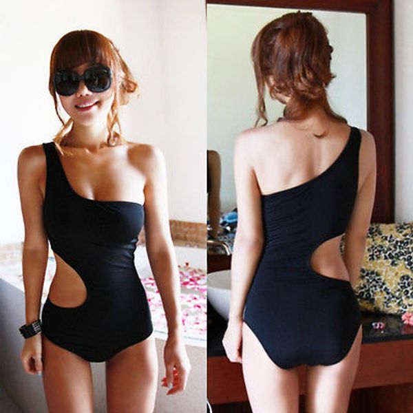 

2020 one piece swimsuit bandage for women solid one shoulder cut out monokini swimwear bathing suit bodysuit black, White;black