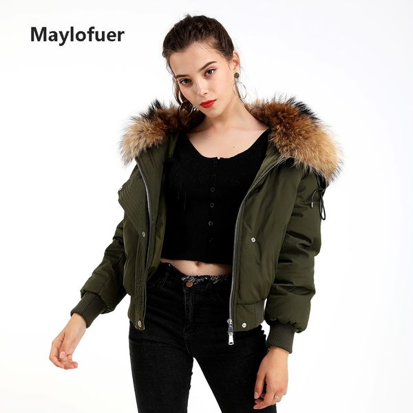 

maylofuer angel wings real raccoon fur collar hood with zipper women warm down cotton jacket, Tan;black