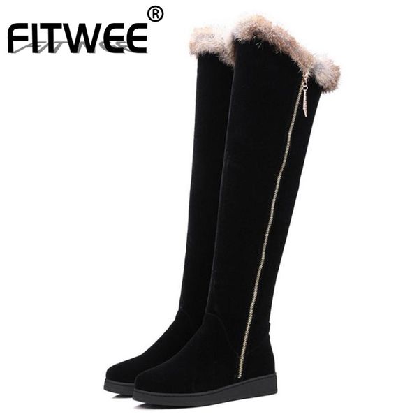 

fitwee women flat over knee boots plush fur woman long botas ladies fashion warm winter woman shoes footwear size 34-43, Black