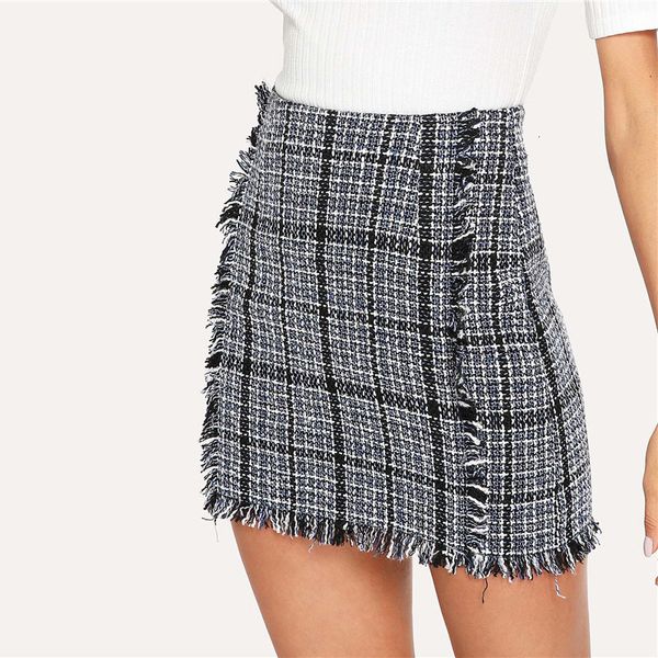 

designer pencil skirt blue frayed trim plaid tweed skirt elegant zipper mid waist women autumn mini skirts, Black