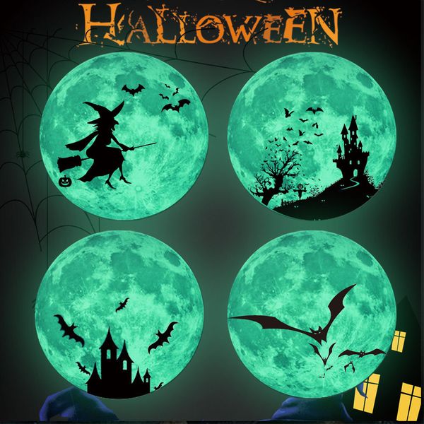 

30cm halloween glow stickers night lighted moon bat witch sticker festival home wall window decoration