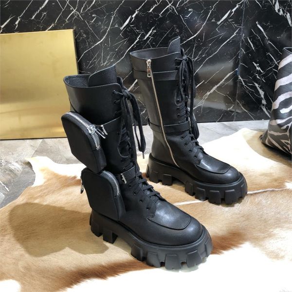 

prova perfetto 2020 pocket motorcycle boots women platform lace up thick-soled black military shoes woman half botas mujer