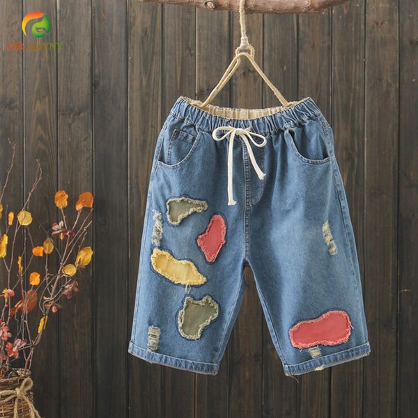 

summer fashion elastic waist harem denim jeans women patchwork holes jeans female blue casual pants capris female