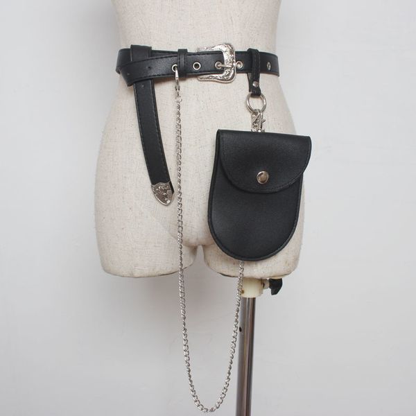 

ewq] 2018 new autumn fashion adjustable ring chain waist bag all-match pu split joint belt woman bl578, Black;brown