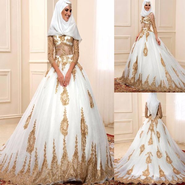 

sheer long sleeves muslim crystals wedding dress with gold applique lace sequins turkey arabic see through bridal gown vestido de noiva, White