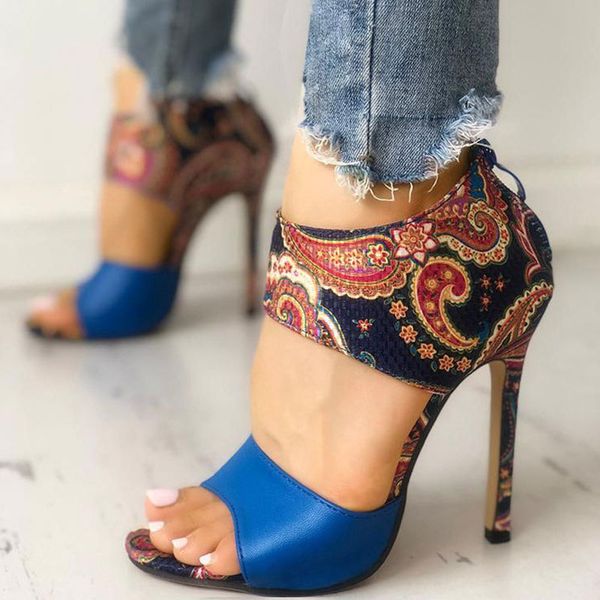 

2020 summer women sandals shoes female stilettos open toe print woman high heels zipper mixed color ladies fashion shoes, Black