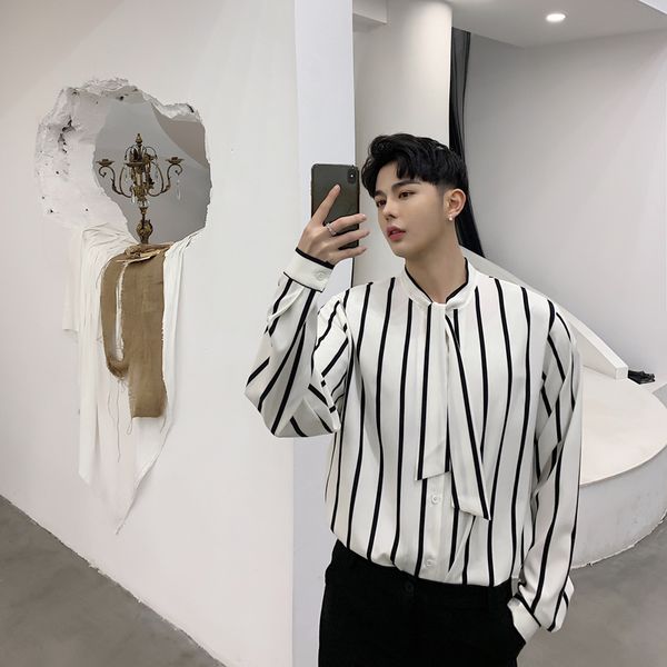 

fashion stripe shirt business men stand collar vintage camisa masculina casual long sleeve shirt male dress stage party, White;black