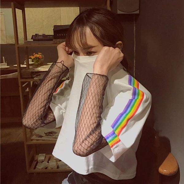 

yougeman summer t-shirt woman 2018 korean ulzzang harajuku slim rainbow striped short sleeve t-shirts for women casual shirt top, White