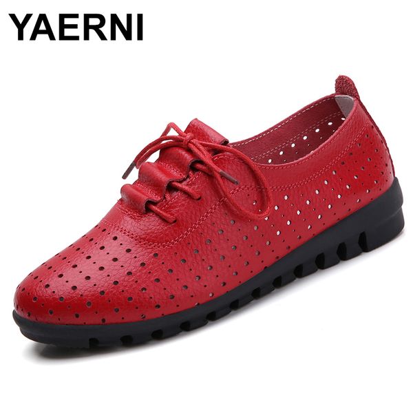 

yaerni summer soft leather women's shoes moccasins platform shoes lace-up female fashion flats casual hollow out, Black