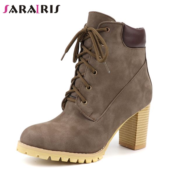 

sarairis new brand high chunky heels ankle boots women 2019 winter lace-up platform booties shoes woman, Black