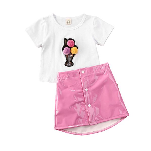

summer new cute toddler baby girls clothes short sleeve 3d ice cream print t shirts +pink pu leather skirts 2pcs outfits set, White