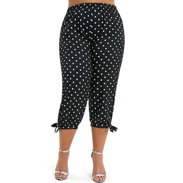 

rosegal plus size summer leggings lady polka dot print trousers capri side tie cropped pants high elastic waist jogger pants, Black