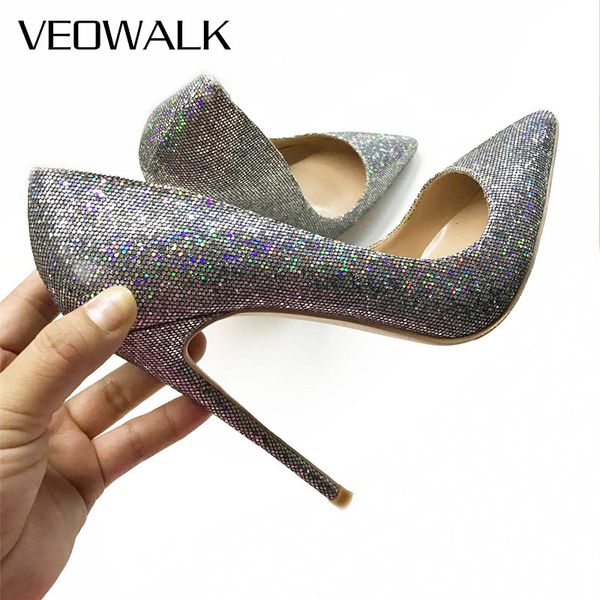 

veowalk sparkly silver women stilettos pumps pointed toe slip on extremely high hees for ladies shiny wedding bridal shoes, Black