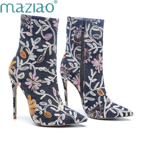 

female shoes denim pointed toe flowers short plush super high heel warm shoes woman winter boots maziao, Black