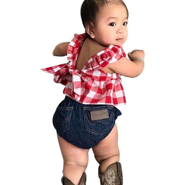 

2019 summer baby girl clothing set plaid skirted t-shirt +denim short headband baby girl clothes newborn outfits, White