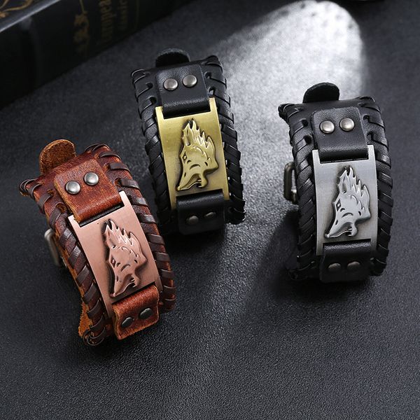 

anomokay european & american punk series wolf head leather strap bracelet vintage handwork braided cow leather bracelet, Golden;silver