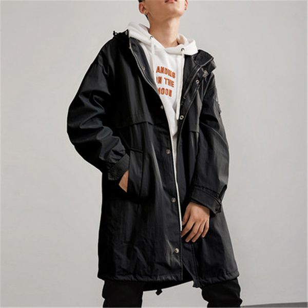 

men's 2019 new spring and autumn casual coat youth trend handsome hooded large size long men's windbreaker coat, Tan;black
