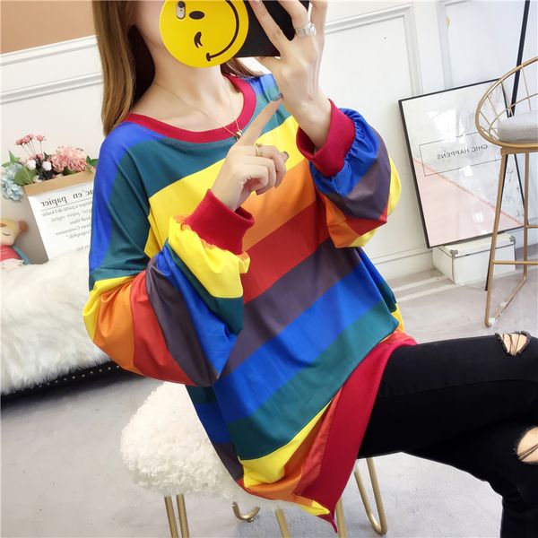 

#4868 color striped sweatshirt women long sleeve o neck loose cotton harajuku casual sweatshirt for women thin spring autumn, Black