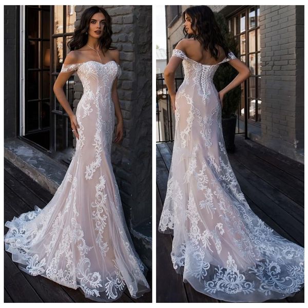 

Mermaid Wedding Dresses Blush Pink Off The Shoulder Sleeveless Backless Applique Sweep Train vestidos de noiva em renda 2019 Bridal Gowns