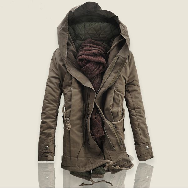 

autumn and winter trend new thick long hooded windbreaker solid color slim large size men's casual warm cotton coat jacket 5xl, Tan;black