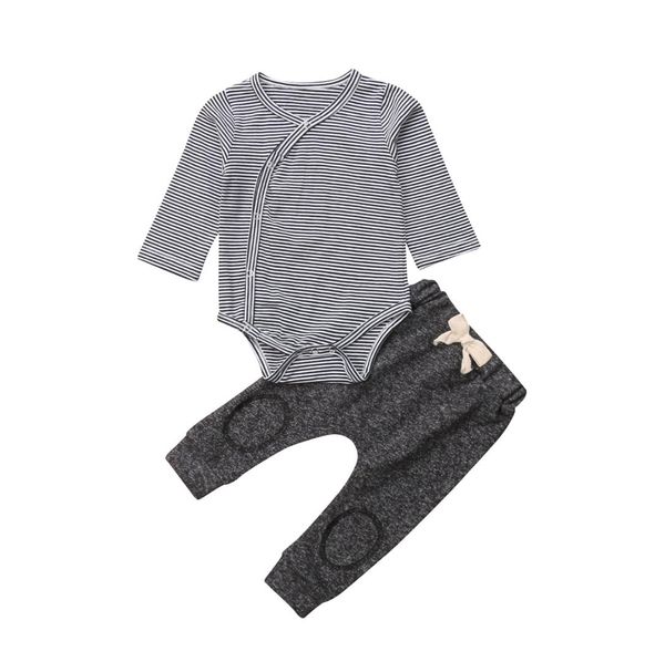 

2pcs baby boys striped cotton long sleeve romper long pants fall outfits set clothes, White