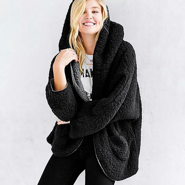 

feitong 2018 women's casual fleece fuzzy faux shearling warm winter oversize hooded coat new arrival, Black
