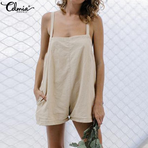 

celmia s-5xl women retro linen rompers 2019 summer jumpsuits strap pockets backless short playsuits casual loose overalls female, Black;white