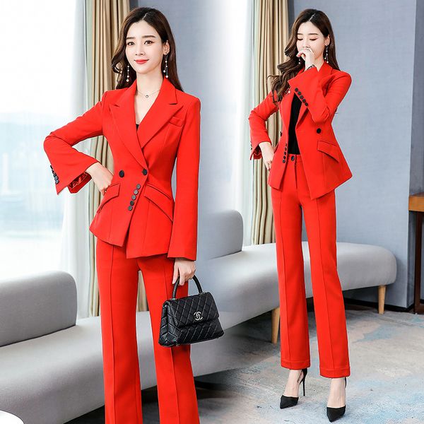 

new qualities irregular women work suits double breasted slim pant suits blazer and pencil pant office two-piece, White;black