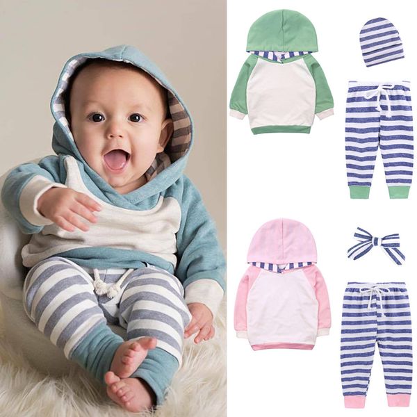 

baby kids clothes set long-sleeved hoodies +leisure striped trousers+headband or hat 3 pieces sets kids designer clothes jy490, White