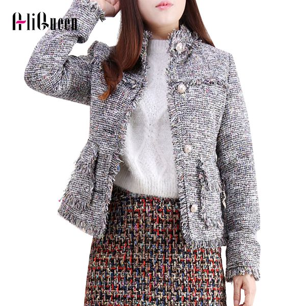 

2019 winter women coats and jackets french style tassels fringed long sleeve pearl buckle short overcoat gray tweed plaid jacket, Black;brown