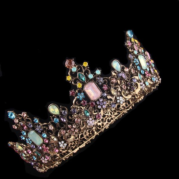 

alloy crown headwear vintage gold inlay seven color rhinestone crown, Golden;white