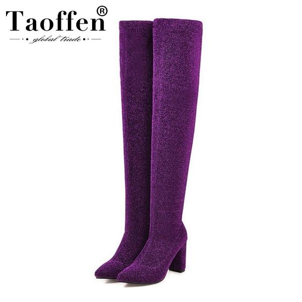 

taoffen 4 colors plus size 34-48 woman over the knee boots pointed toe bling winter slip on long boots lady footwear, Black