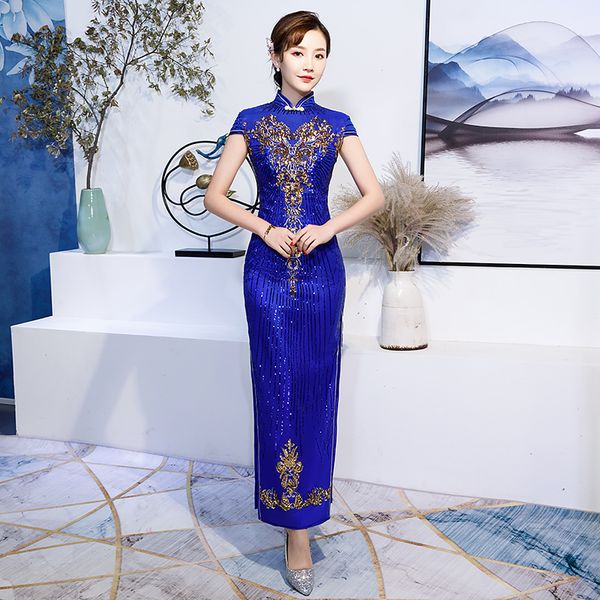 

navy blue chinese women sequins flower qipao cheongsam slim tight bling formal party dress side split long vintage vestidos, Red