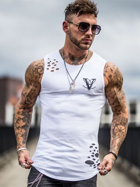 

2019 engineer fashion hole gym clothing sports vest bodybuilding sports vest men' fitness shirt muscle sleeveless, White;black