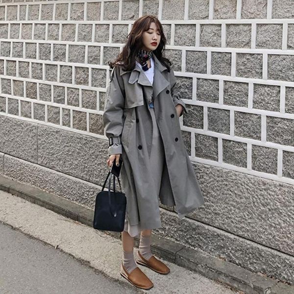 

korean style women casual loose trench with sashes 2019 new arrival spring long elegant coats ladies overcoat outerwear, Tan;black