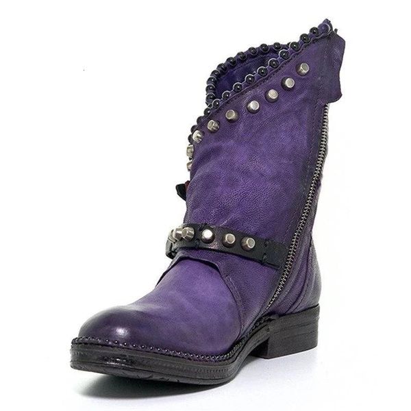 

2019 women boots autumn winter shoes woman mid-calf pu leather round toe women shoes low heel rivet cool motorcycle rivet boots, Black