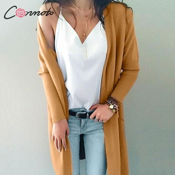 

conmoto повседневный трикотажные кардиганы твердые женщины трикотаж женский осень зима 2019 карманный середины длинный кардиган, White