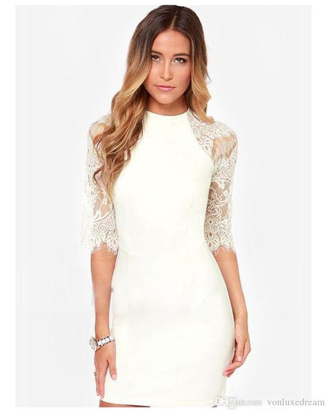 

white sheath lace short cocktail dresses half sleeve illusion back prom formal evening dresses